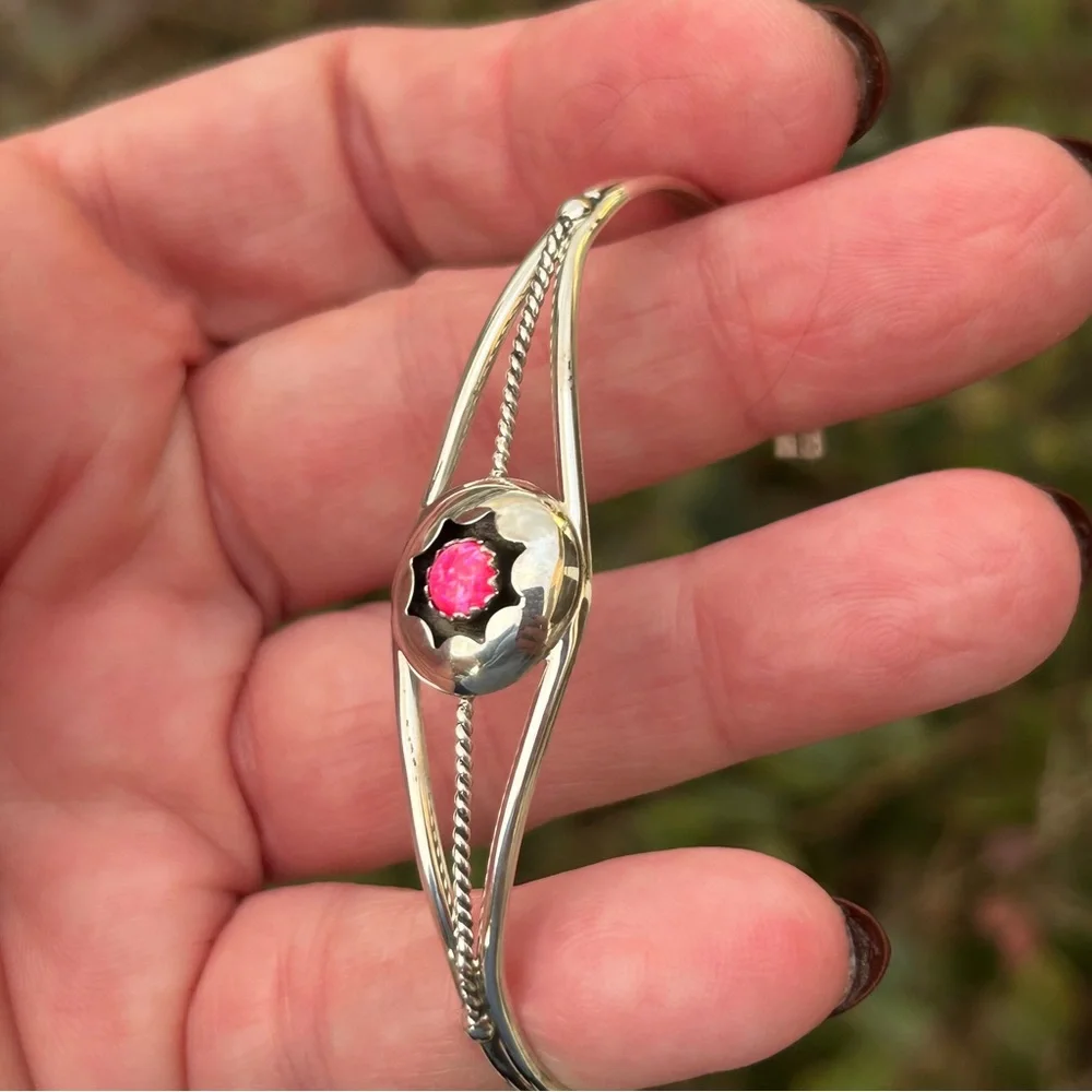 Navajo Hand Made 925 Sterling & Pink Opal Stone Cuff